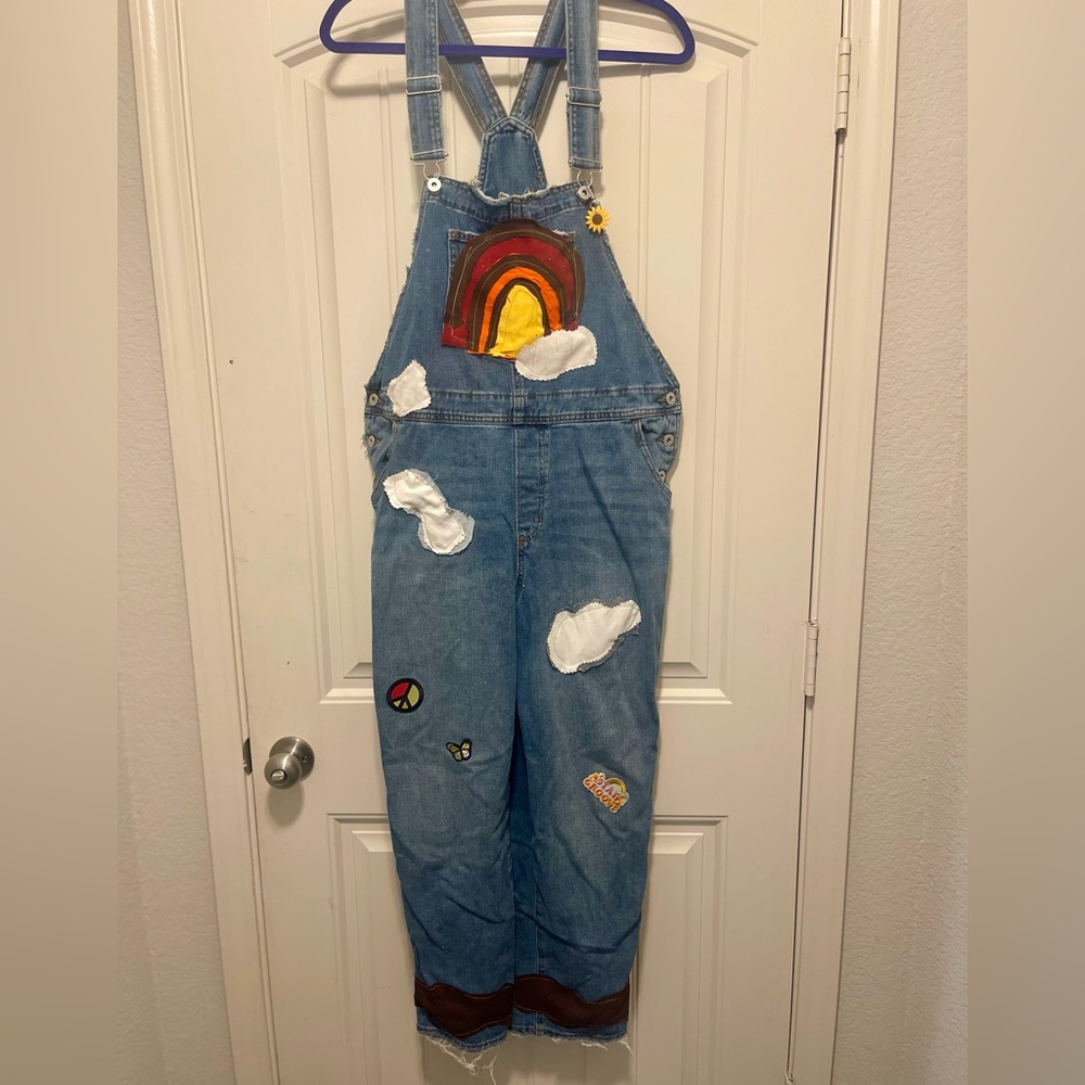 Denim Bib Overalls with Vibrant Rainbow Accents
